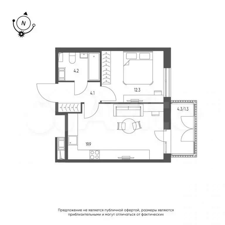 1-к. квартира, 41,8 м, 9/9 эт. - Фото 0