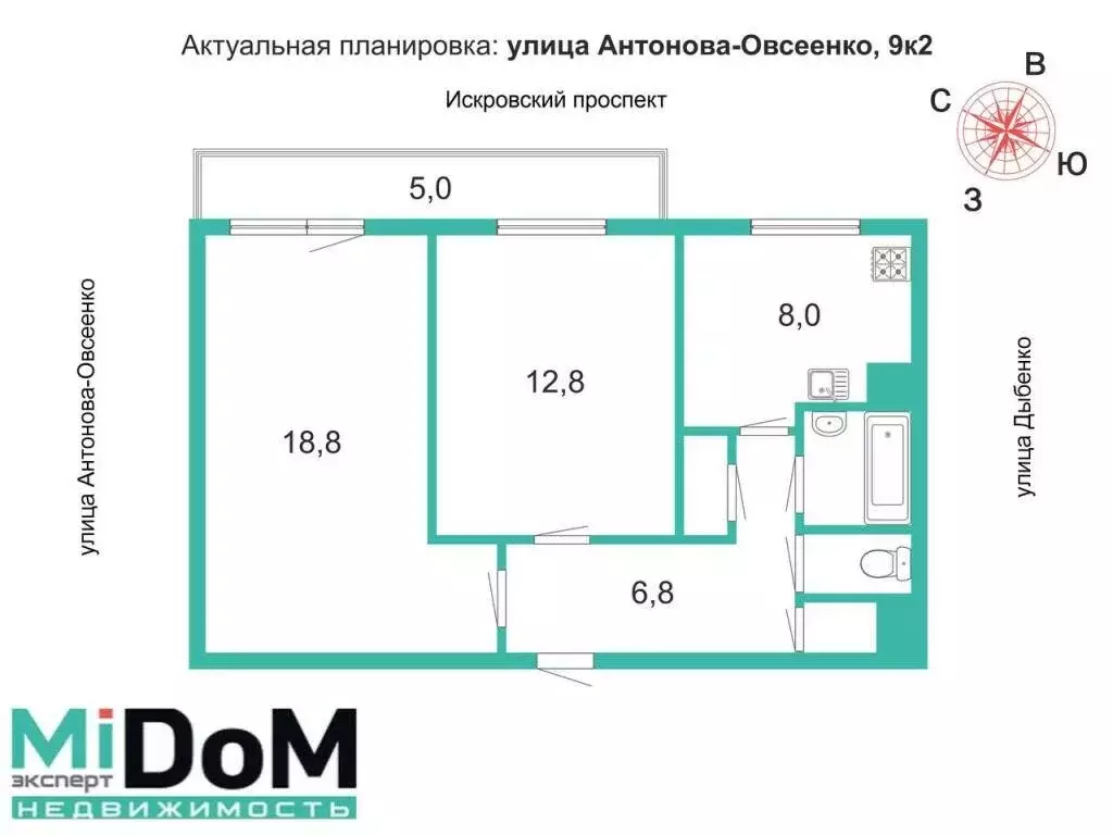 2-комнатная квартира: Санкт-Петербург, улица Антонова-Овсеенко, 9к2 ... - Фото 1