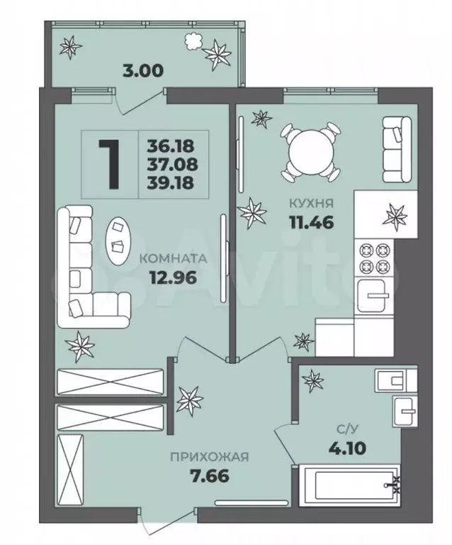 1-к. квартира, 37 м, 4/8 эт. - Фото 1