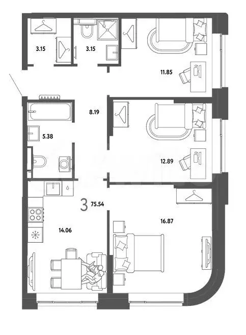 3-к. квартира, 75,5 м, 2/9 эт. - Фото 0