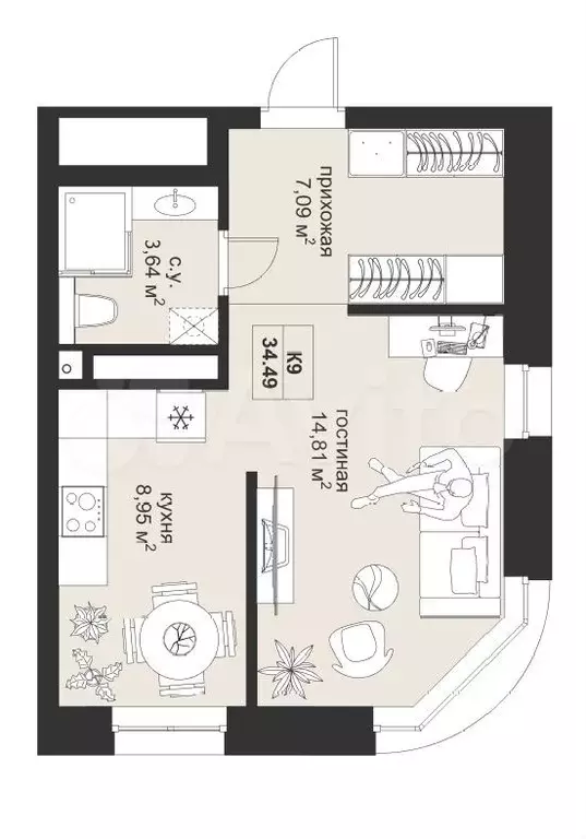 Квартира-студия, 34,5 м, 2/5 эт. - Фото 0