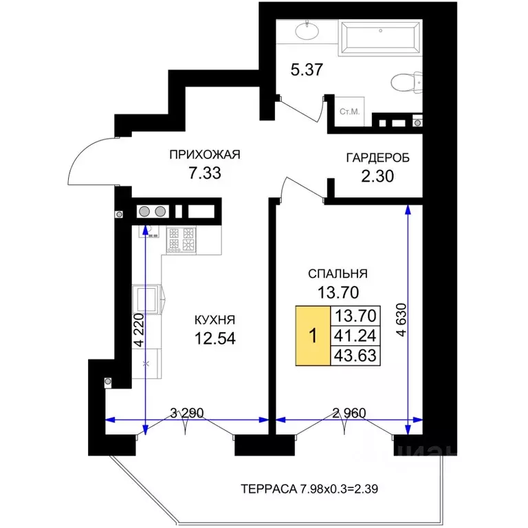 1-к кв. Калининградская область, Гурьевск Включи жилой комплекс (43.63 ... - Фото 1