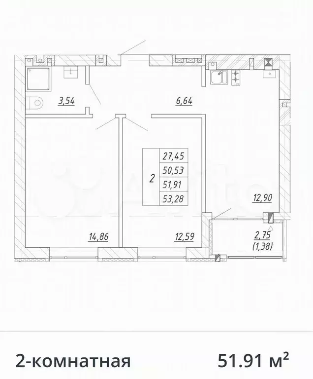 2-к. квартира, 51,9 м, 4/4 эт. - Фото 1
