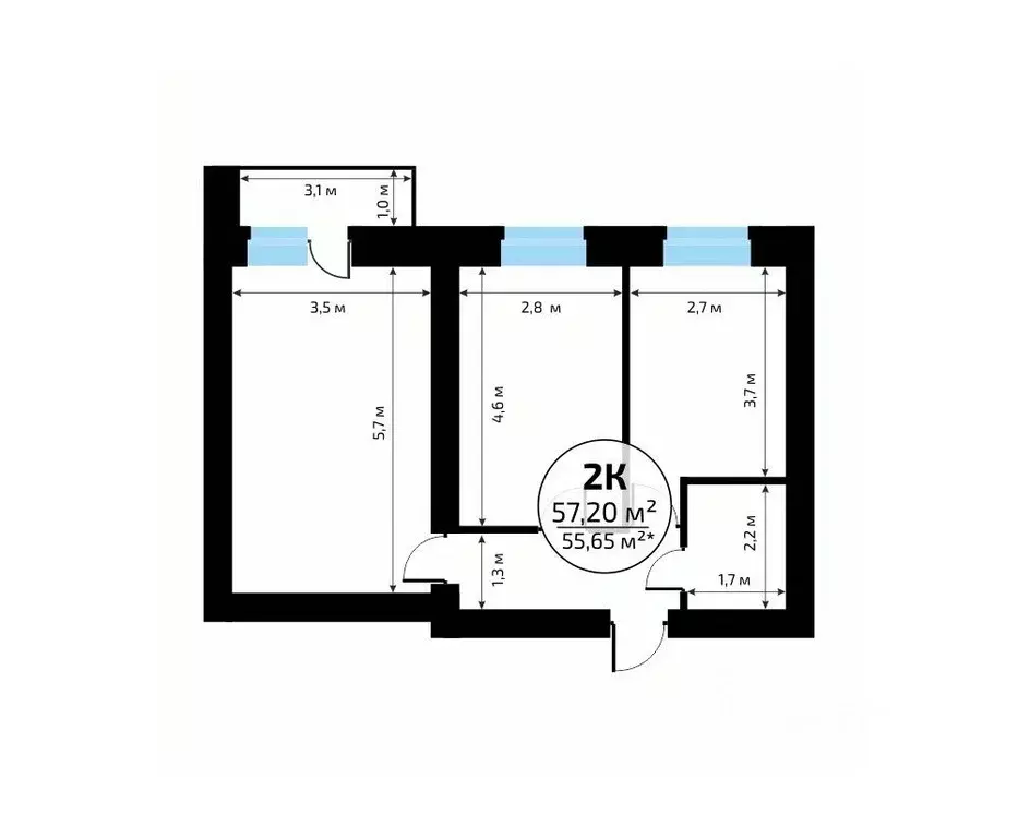 2-к кв. Самарская область, Самара пос. Мехзавод, 1-й кв-л, 50 (57.2 м) - Фото 2