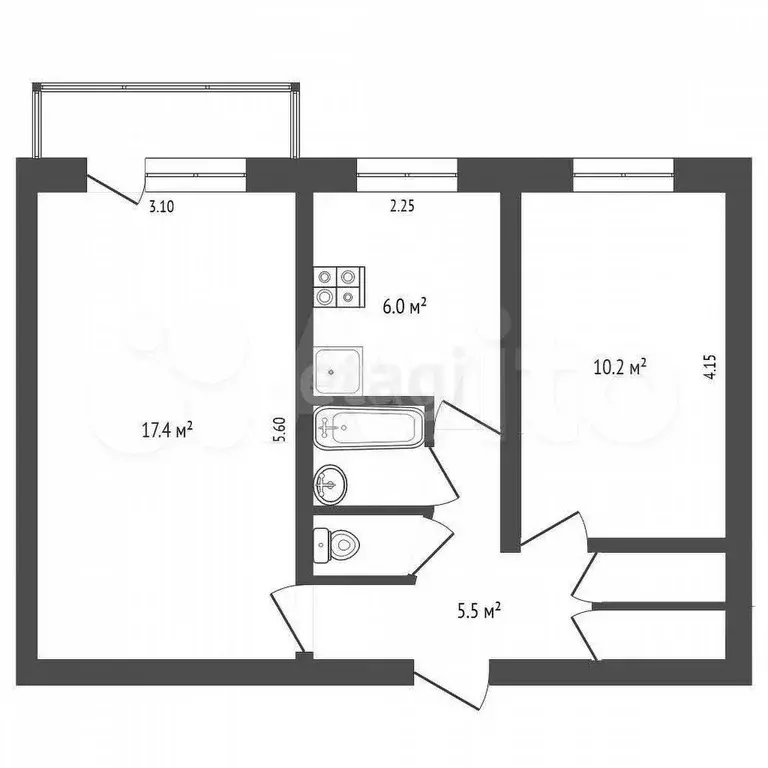 2-к. квартира, 43,3 м, 5/5 эт. - Фото 1