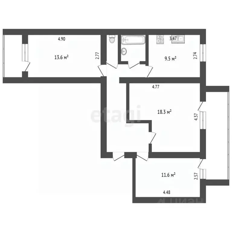 3-к кв. Томская область, Томск ул. Клюева, 3А (68.3 м) - Фото 2