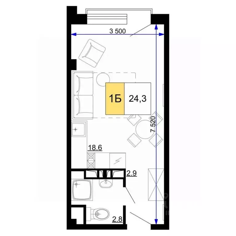 Студия Краснодарский край, Анапа ул. Дружбы, 9 (24.3 м) - Фото 1