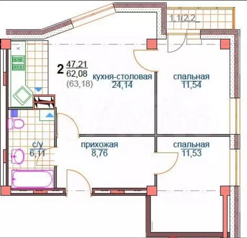 3-к кв. Кемеровская область, Кемерово бул. Строителей, 69А (62.0 м) - Фото 0