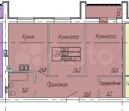 2-к. квартира, 64,5 м, 6/9 эт. - Фото 1