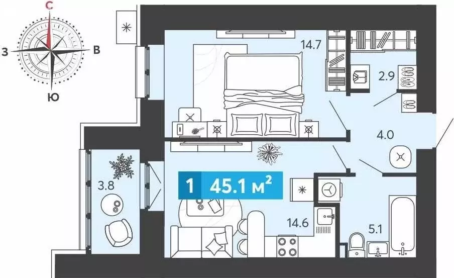 1-комнатная квартира: Засечное, Прибрежный бульвар, 5 (45.1 м) - Фото 1