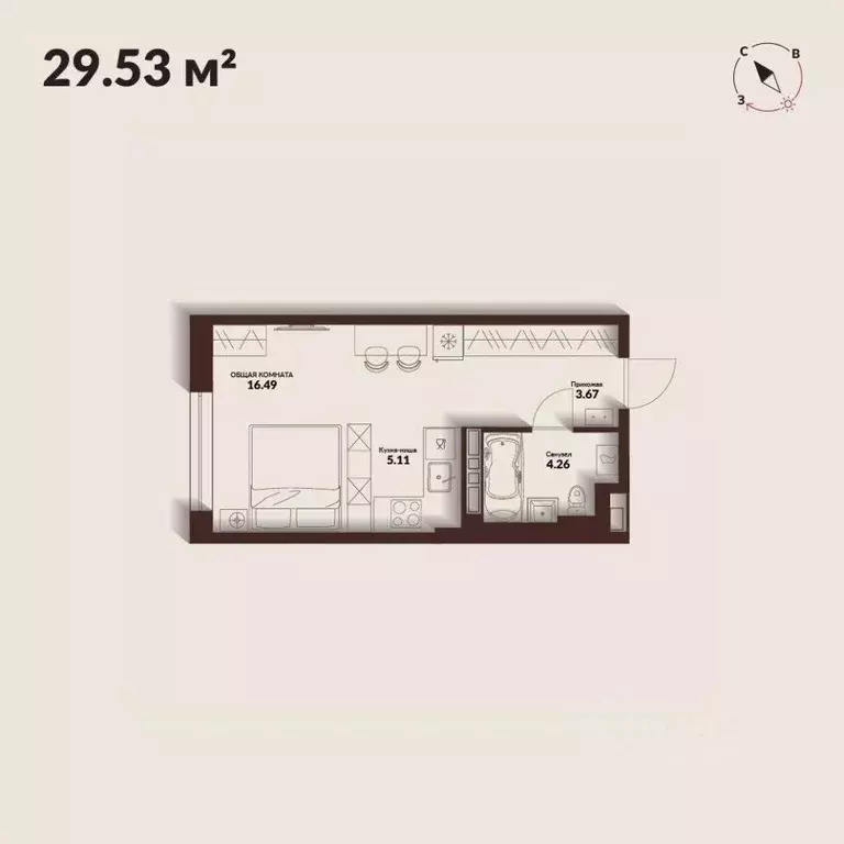 Студия Приморский край, Владивосток Каскада жилой комплекс (29.53 м) - Фото 1