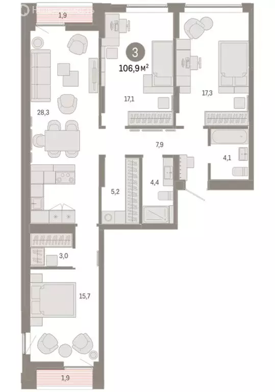 3-комнатная квартира: Екатеринбург, улица Гастелло, 19А (106.89 м) - Фото 2