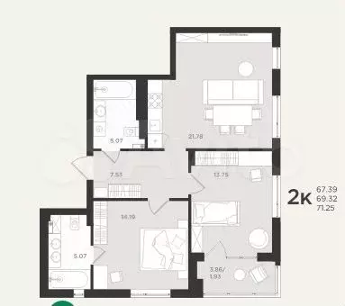 2-к. квартира, 71,3 м, 2/4 эт. - Фото 1