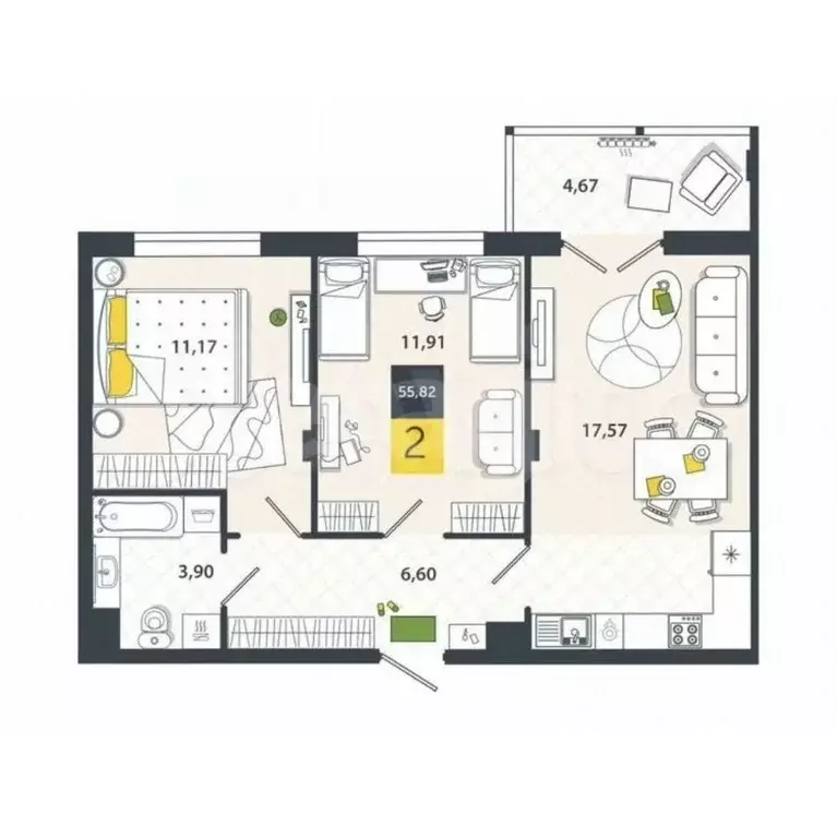 2-к кв. Тульская область, Тула ул. Самоварная, 8А (55.0 м) - Фото 2