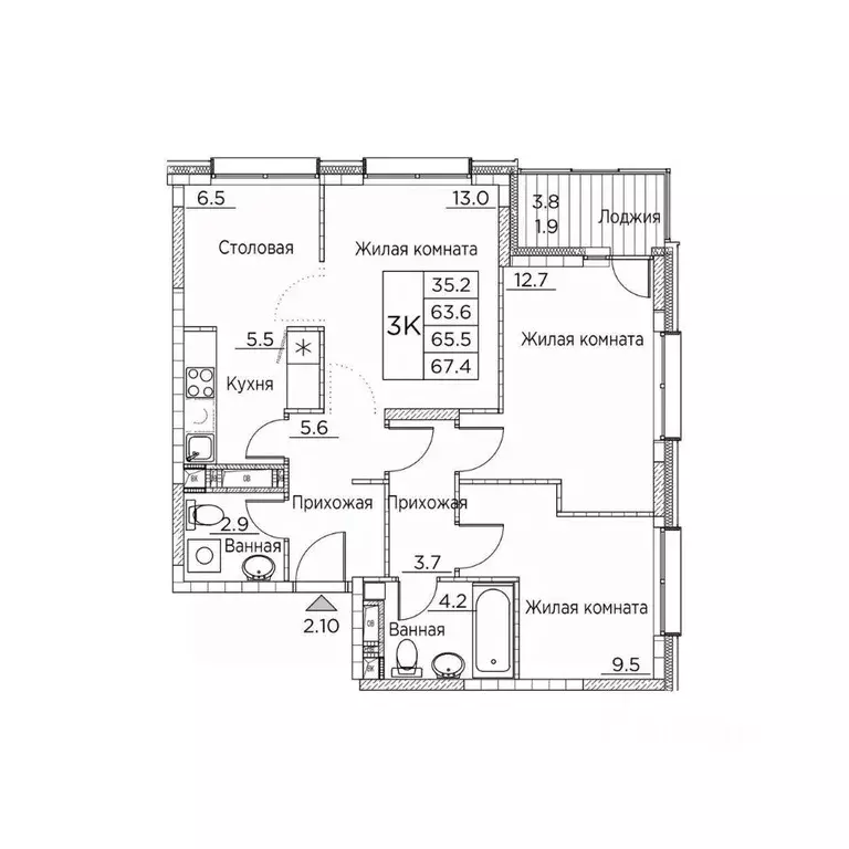 3-к кв. Приморский край, Владивосток ул. Расула Гамзатова, 7к3 (67.4 ... - Фото 1