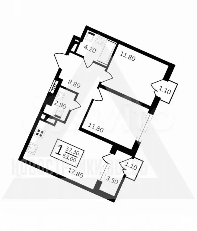 2-к. квартира, 63 м, 2/9 эт. - Фото 1