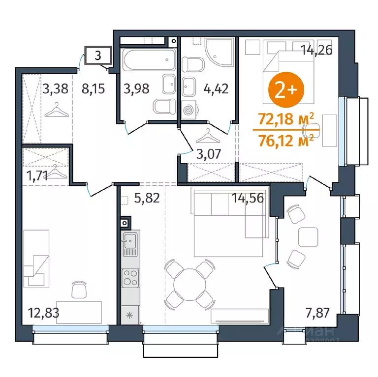 2-к кв. Тюменская область, Тюмень ул. Тимофея Кармацкого, 17 (72.18 м) - Фото 0