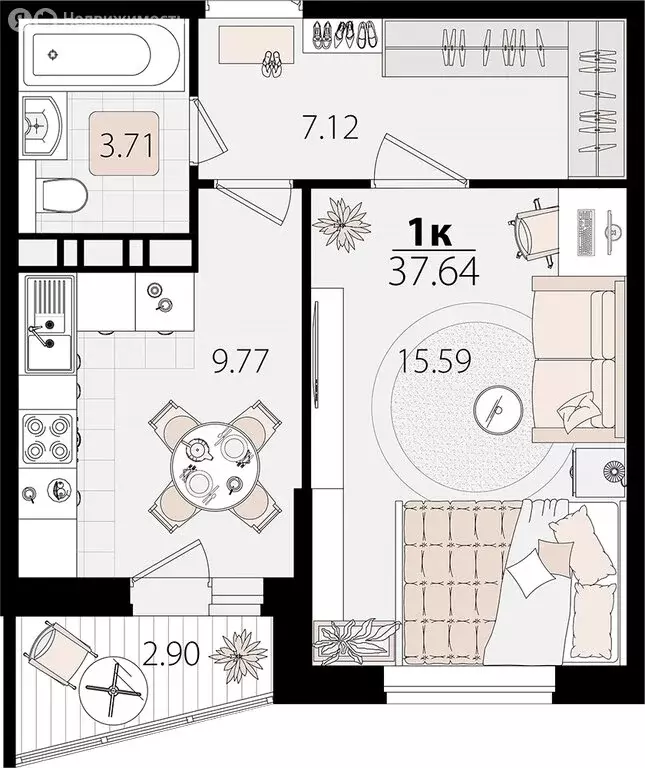 1-комнатная квартира: Яблоновский, Луговая улица, 7/6 (36.95 м) - Фото 0