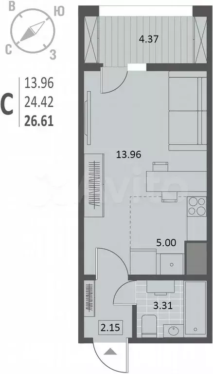 Квартира-студия, 26,6 м, 10/18 эт. - Фото 0