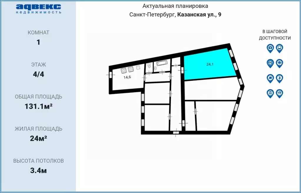 Комната Санкт-Петербург Казанская ул., 9 (24.1 м) - Фото 2
