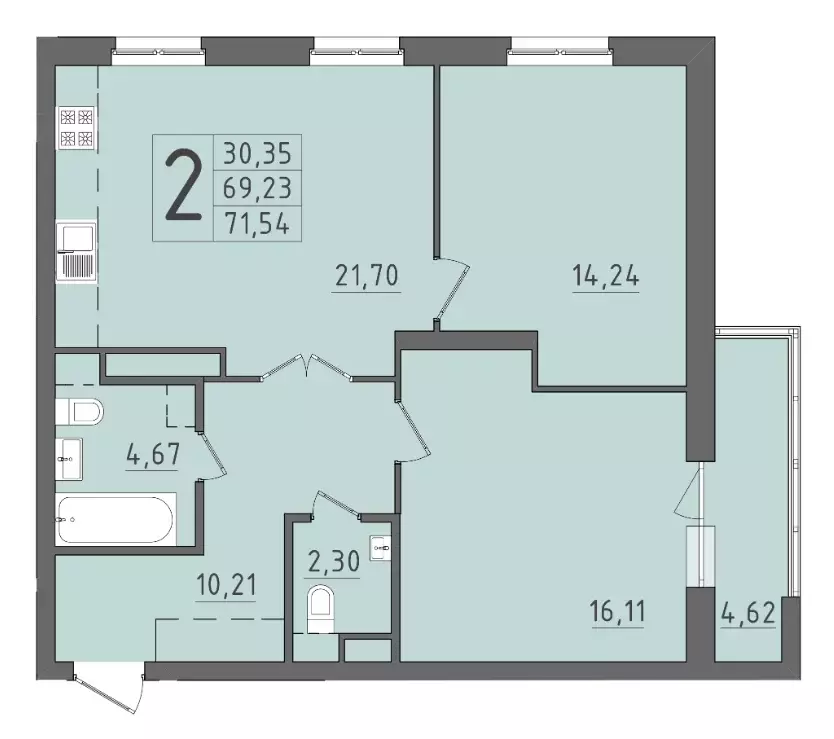 2-к квартира, 71.54 м - Фото 0