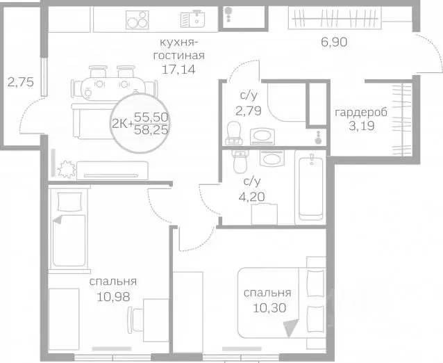2-к кв. Тюменская область, Тюмень ул. Вице-адмирала Воронцова, 3 (55.2 ... - Фото 2