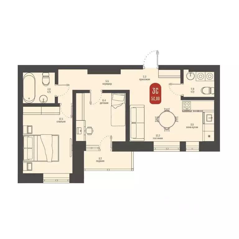 3-к кв. Томская область, Томск ул. Косарева, 6 (52.0 м) - Фото 1