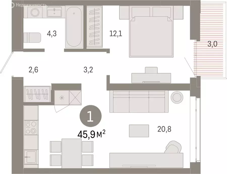 1-комнатная квартира: Тюмень, Ленинский округ (45.89 м) - Фото 1