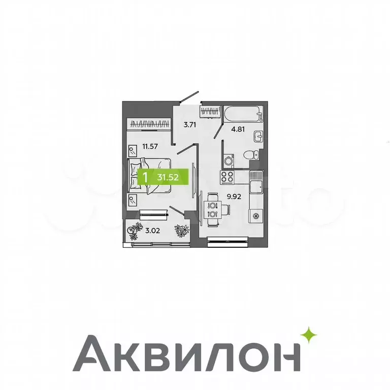 1-к. квартира, 31,5 м, 4/5 эт. - Фото 0