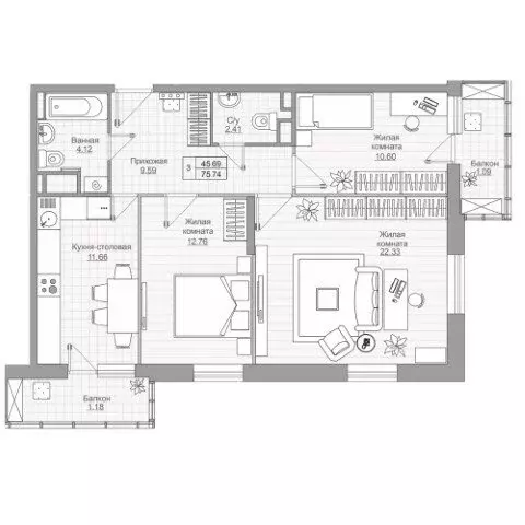 3-комнатная квартира: Усады, улица Тёплых Встреч, 3 (75.74 м) - Фото 0