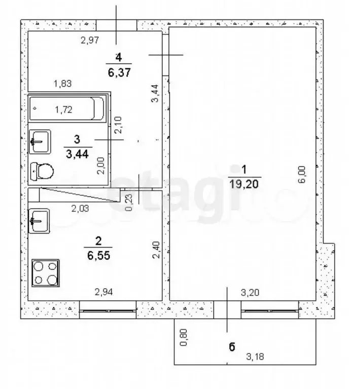1-к. квартира, 39,4 м, 4/5 эт. - Фото 0