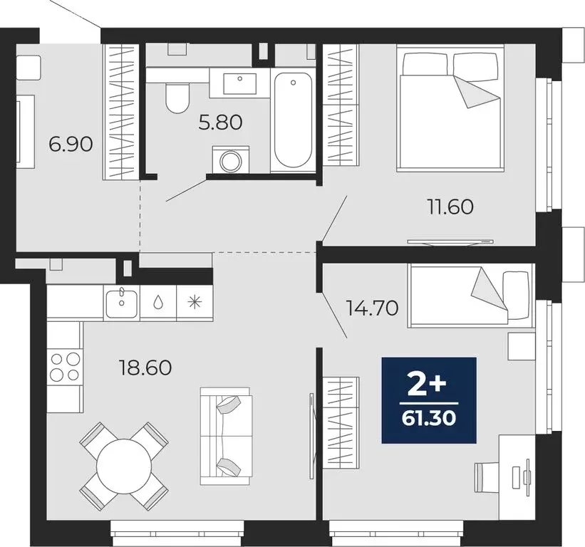 2-комнатная квартира: Тюмень, жилой комплекс Айвазовский Сити (61.3 м) - Фото 0