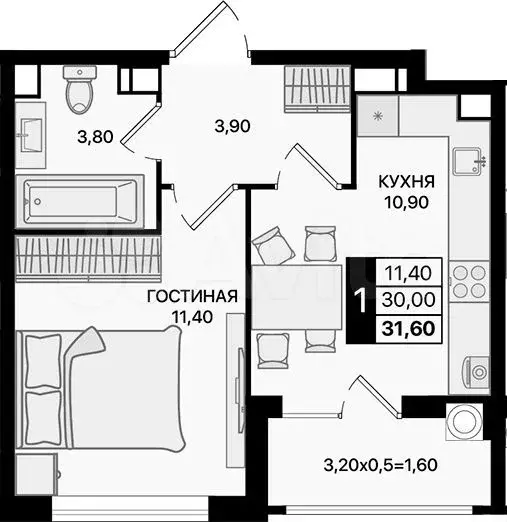 1-к. квартира, 31,6 м, 7/12 эт. - Фото 1