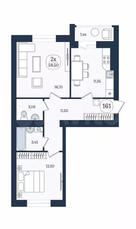 2-к. квартира, 59,5 м, 2/9 эт. - Фото 1