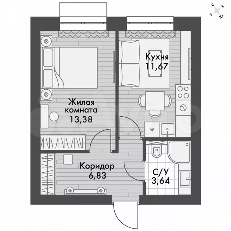 1-к. квартира, 35,5м, 2/4эт. - Фото 0