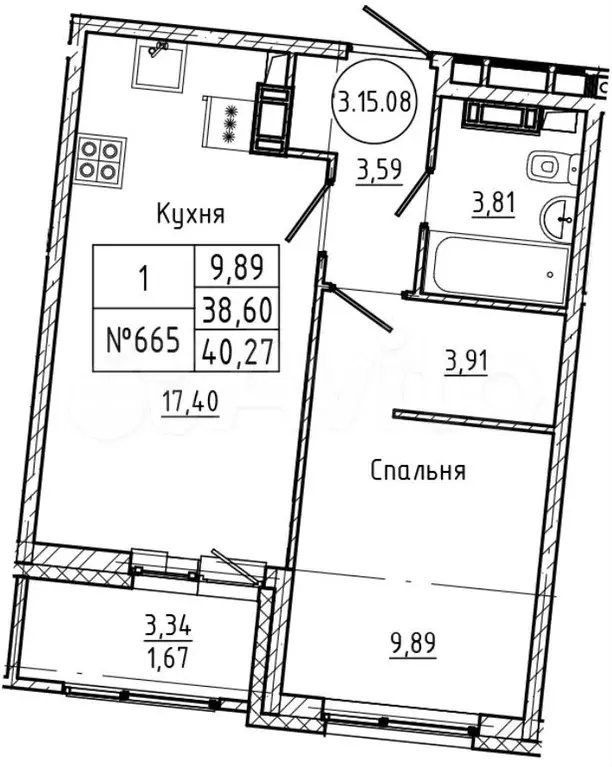 1-к. квартира, 40,3 м, 15/18 эт. - Фото 0