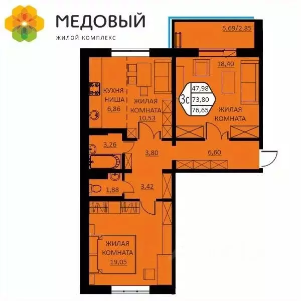3-к кв. Пермский край, д. Кондратово ул. Г.Н. Нифантова, 12 (76.65 м) - Фото 0
