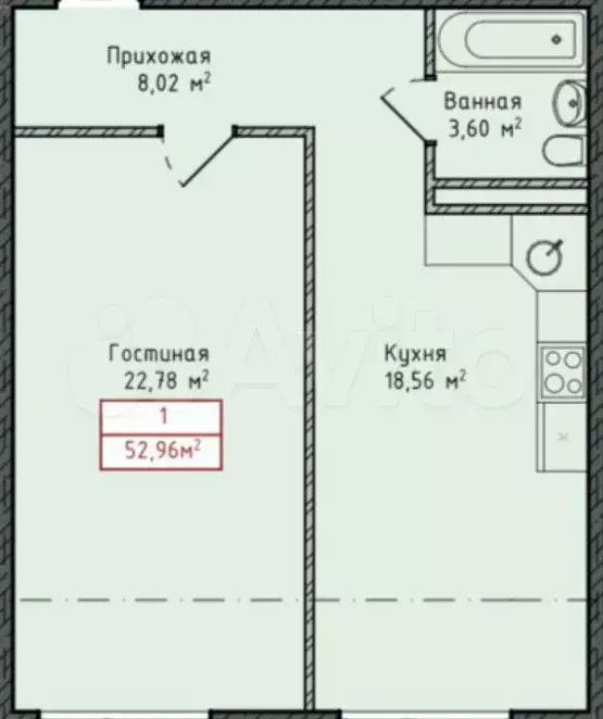 1-к. квартира, 53 м, 7/8 эт. - Фото 1