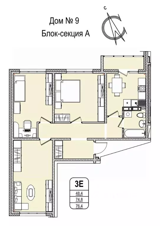 3-к кв. Кемеровская область, Кемерово 55-й мкр, 9 (77.0 м) - Фото 1