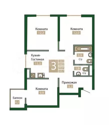 3-к. квартира, 64,7 м, 4/12 эт. - Фото 0