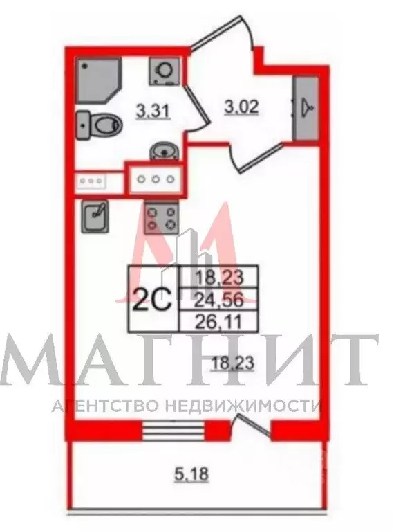 Студия Санкт-Петербург Парашютная ул., 71к2 (26.1 м) - Фото 0