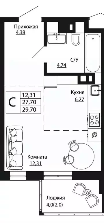 Студия Ростовская область, Ростов-на-Дону ул. Текучева, 370/2 (29.18 ... - Фото 0