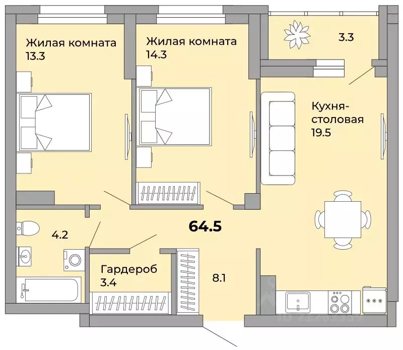 2-к кв. Свердловская область, Екатеринбург ул. Орловская (64.5 м) - Фото 0