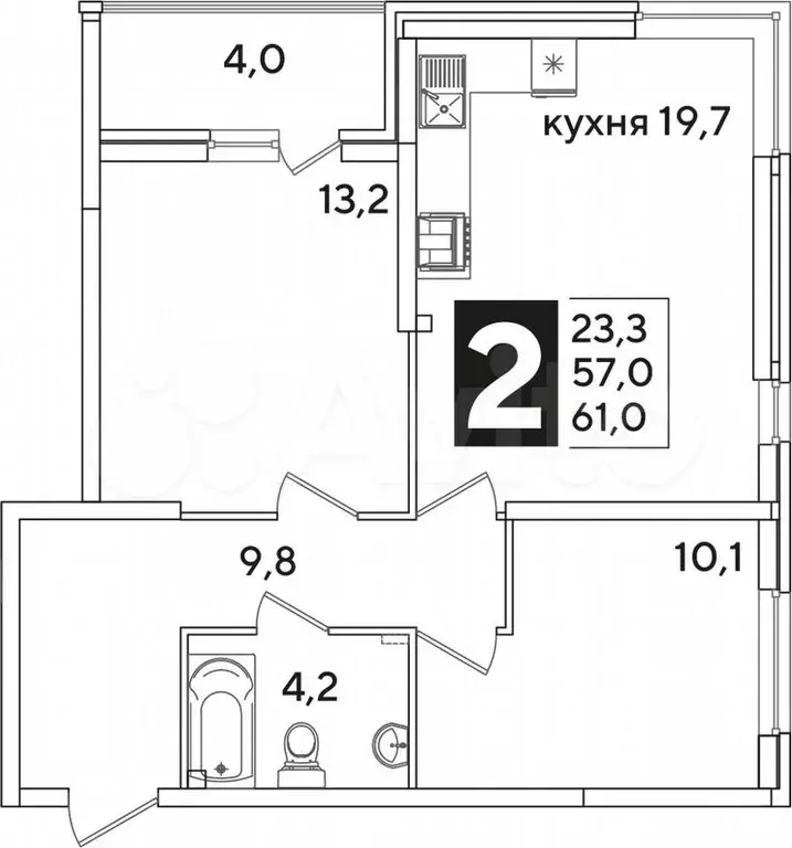 2-к. квартира, 61м, 2/16эт. - Фото 1