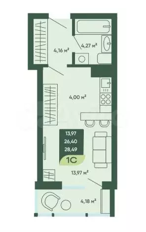 Квартира-студия, 28,5 м, 8/18 эт. - Фото 1