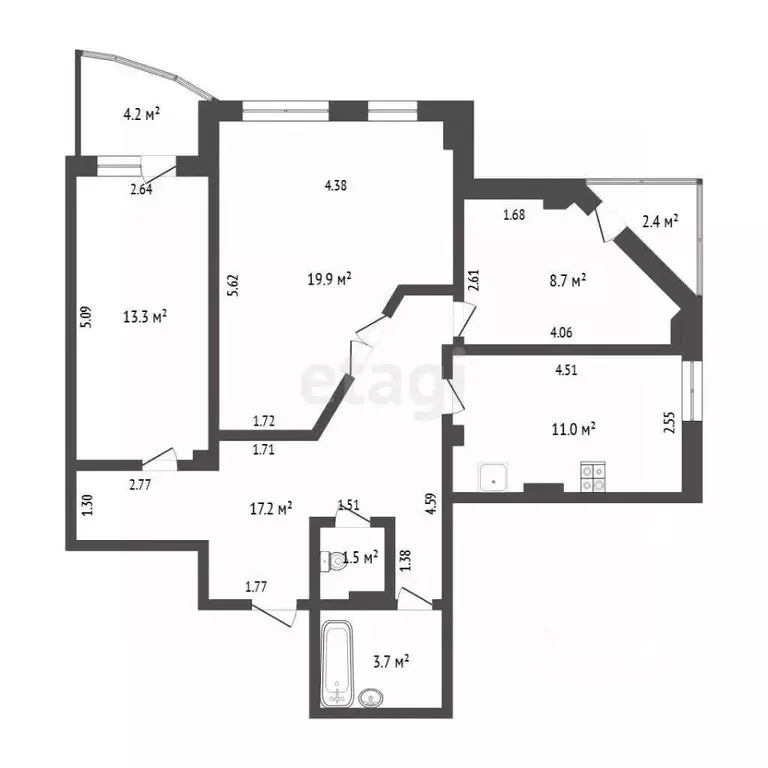 3-к кв. Тюменская область, Тюмень ул. Василия Гольцова, 3 (75.3 м) - Фото 2