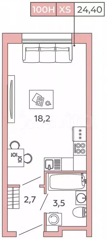 Апартаменты-студия, 24,4м, 2/12эт. - Фото 1