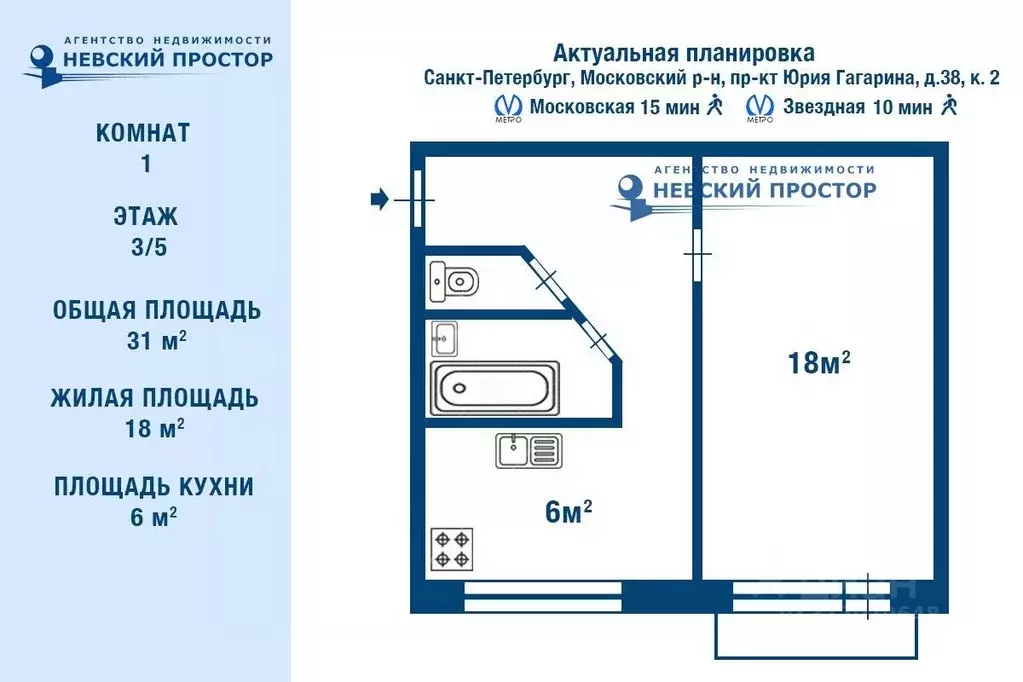 1-к кв. Санкт-Петербург просп. Юрия Гагарина, 38К2 (30.9 м) - Фото 0