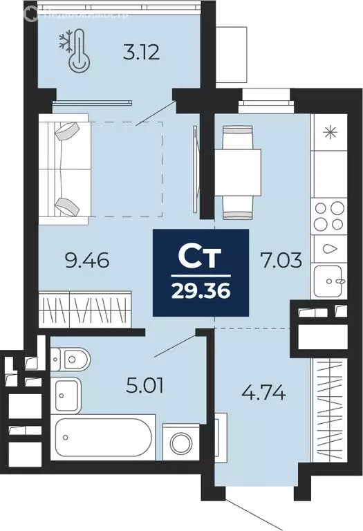 Квартира-студия: Тюмень, Ленинский округ, ЖК Беринг (27.8 м) - Фото 1