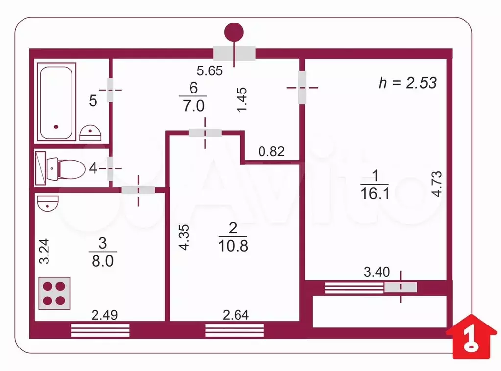 2-к. квартира, 45,6 м, 4/9 эт. - Фото 0